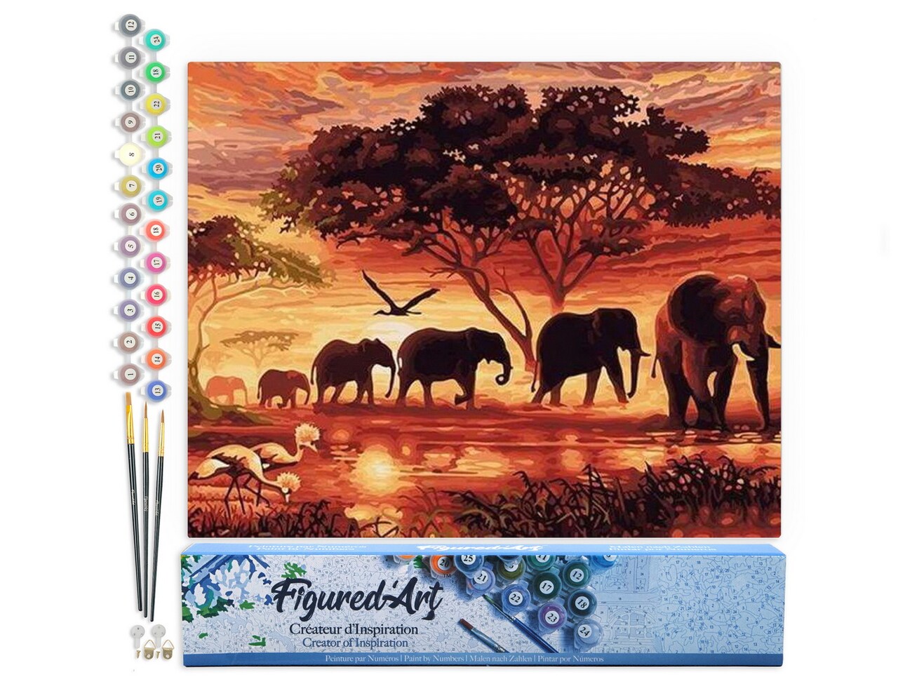 Figured'Art Paint by Numbers Kit for Adults Elephants at Sunset 16"x20" - Craft Art Painting DIY Kit Rolled Canvas without frame